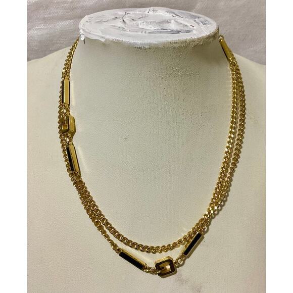 GIVENCHY G Vintage Logo Long Chain Necklace in Gold & Emerald Filled Bars